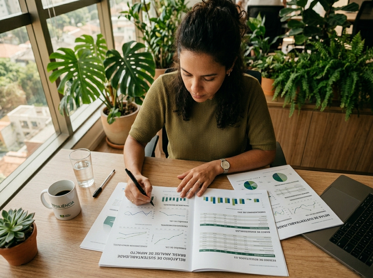 Especialista analisando dados de sustentabilidade